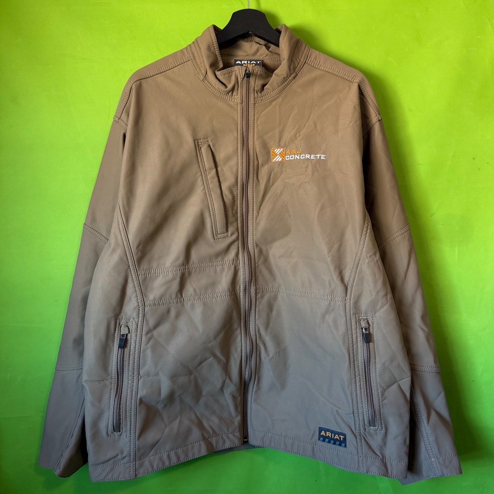 Ariat Rebar Mens XL Softshell Jacket Brown Full Zip Workwear A&J Concrete Logo